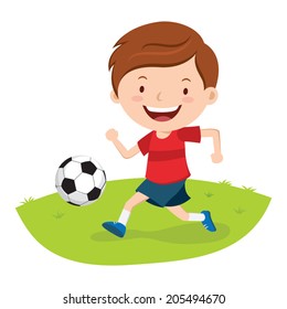 Little boy playing soccer. Boy kicking a soccer  ball.