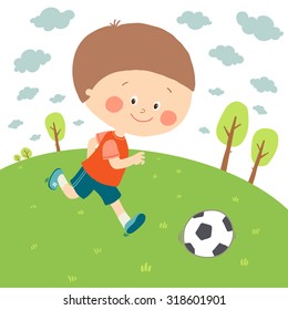 Little boy playing soccer on the football field. Child kicking football. Cute happy kid playing with a ball. Cartoon vector eps 10 illustration on white background.
