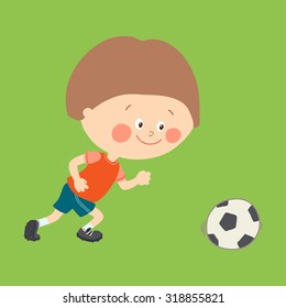 Little boy playing soccer  on the football field. Child kicking football. Cute happy kid playing with a ball. Cartoon vector eps 10 illustration on white background.