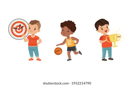 Little Boy Playing Sport Game and Obtaining Prize Vector Set