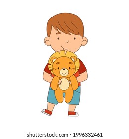 Little Boy Playing with Stuffed Lion Toy Having Fun On His Own Enjoying Childhood Vector Illustration