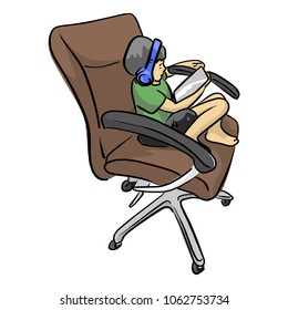 little boy playing tablet on office chair with colors vector illustration sketch hand drawn with black lines isolated on white background