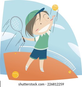 Little boy playing tennis cartoon 