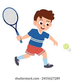 Little boy playing tennis. Cute kids doing outdoor activity. Sport and recreation for exercise in children concept. Flat style.