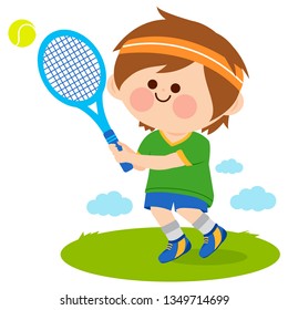 Little boy playing tennis. Vector illustration