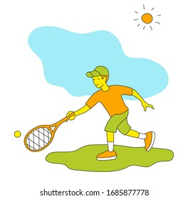 Little boy playing tennis. Vector illustration in a flat style. Isolated on a white background. Sports concept.