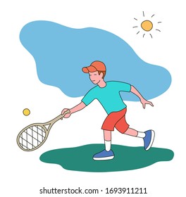 Little boy playing tennis. Vector illustration in a flat style. Isolated on a white background. Sports concept.