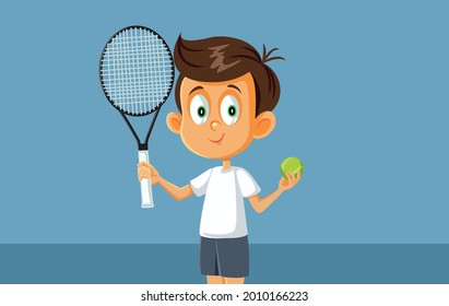 Little Boy Playing Tennis Vector Cartoon. Junior player having fun playing sports outdoors feeling successful after winning
