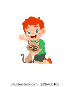 little boy playing together with cute cat