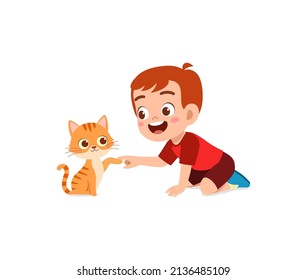 Little Boy Playing Together With Cute Cat