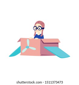 Little boy playing with toy airplane and dreaming of becoming a pilot flat cartoon vector illustration isolated on background. Children future profession and career choice.