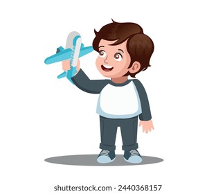 niño pequeño jugando con un avión de juguete, el niño sueña con ser un piloto de avión. ilustración vectorial