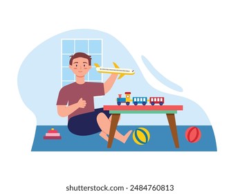 A little boy is playing with a toy airplane and train in the living room. Character design. Vector flat illustration