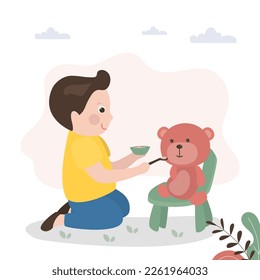 Little boy is playing with toy. Child feeds teddy bear. Imagination, funny game with soft toy animal. Cute male character, happy childhood, learning. Flat vector illustration