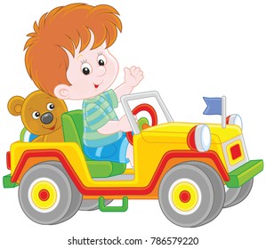 Little boy playing in a toy off-road car, a vector illustration in cartoon style