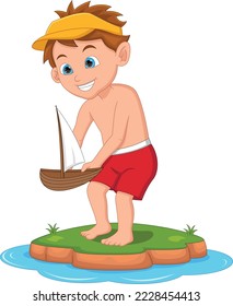 little boy playing toy sailboat