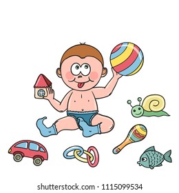 Little boy playing with toys, cartoon kid style
