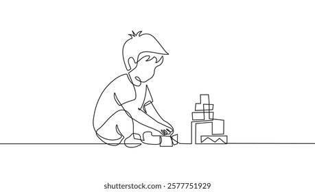 Little Boy Playing with Toys Continuous One Line Drawing. Minimalist Cute Boy Portrait in Continuous One Line Style. Child Playing Graphic Sketch Artwork Vector Illustration. Not AI