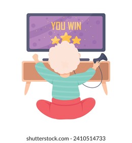 Little Boy Playing Video Game with Gamepad Sitting at Television Screen Using Smart Technology Vector Illustration