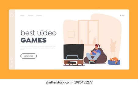 Little Boy Playing Video Games Landing Page Template. Happy Child Character in Headset Sitting front of Tv Set with Joystick in Hands, Gaming, Virtual Reality Addiction. Cartoon Vector Illustration