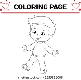 little boy is playing walking coloring page for kids