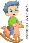 The little boy is playing the wooden horses and sitting on the saddle of illustration