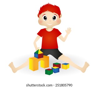 little boy playing wooden toy blocks vector