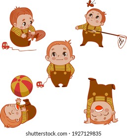 A little boy plays with a ball, plays with a cat, stands on his head, catches a butterfly.  Flat cartoon style vector illustration isolated on white background.