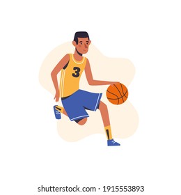 Little boy plays basketball. Flat design concept with cute baby hitting a ball. Vector illustration isolated on white background