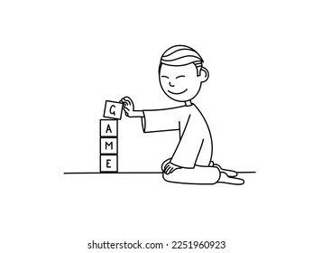 Little boy plays with blocks. Contour vector single color illustration.