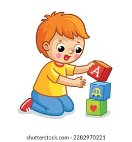 Little boy plays with cubes on a white background. Vector illustration with a baby in cartoon style.