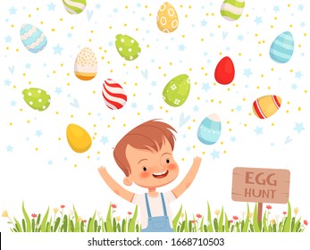 Little boy plays with painted colored Easter eggs. Children's game Egg hunter. Festive easter poster.