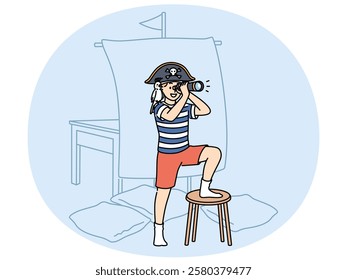 Little boy plays pirate holding spyglass and standing near ship mast made of sheet and imagining long sea voyage. Child pirate with parrot on shoulder performs enthusiastically in children theatre