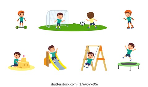Little boy plays in the playground. Concept of summer entertainment. Child plays different summer games.  Sport and recreation. Cartoon character, flat vector illustration set.