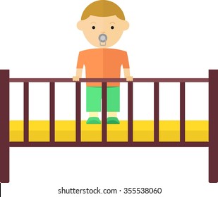A little boy plays in the playpen. Satisfied baby with a pacifier. Objects isolated on a white background. Flat vector illustration.