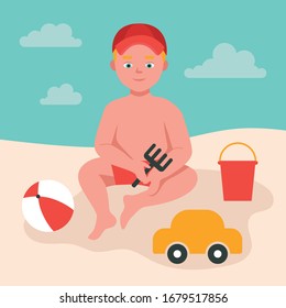 Little boy plays in the sand by the sea, holds a toy rake in her hands. A child in a cap, toys, a bucket, a ball, a machine. Summer fun. Flat vector illustration.