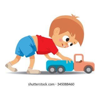 Little boy plays toy car. Vector illustration