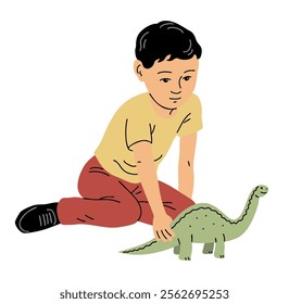 A little boy plays with a toy dinosaur. Childhood and happiness. Cartoon vector illustration isolated on white background