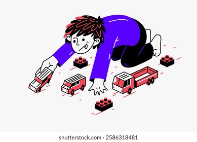 Little boy plays with toys vector illustration, stylish drawing of a child playing.