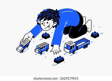 Little boy plays with toys vector illustration, stylish drawing of a child playing.