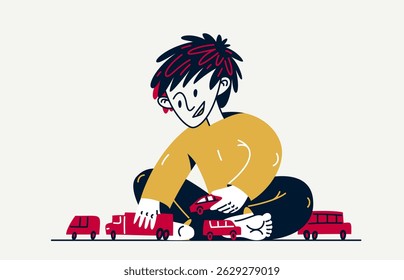 Little boy plays with toys vector illustration, stylish drawing of a child playing.
