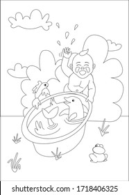 Little boy plays with water. There's is also a dolphin, a fish, a frog in the yard. Sunny summer. Coloring book for children. Vector outline illustration.