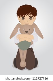 Little boy and plush rabbit  : A vector illustration of little boy holding his new toy, a plush rabbit