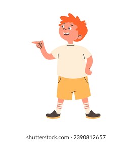 Little boy point finger to the left. Child show direction with hand gesture. Isolated flat vector illustration.