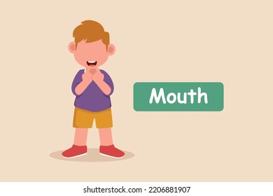 Little boy pointing to his mouth with his both fingers. Pointing concept. Flat vector illustrations isolated.