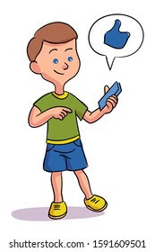 Little boy pointing on mobile phone. Child addicted to smartphone standing isolated on white. Thumbs-up like social media sign. Digital gadgets addiction. Cartoon character. Vector flat illustration