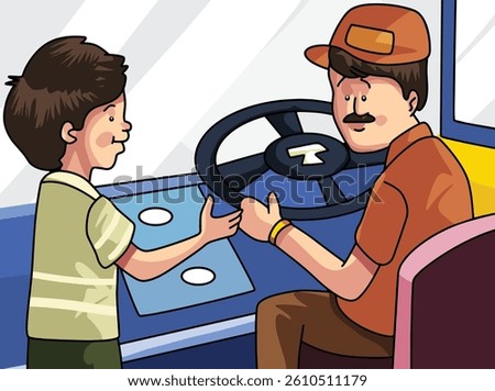 Little boy pointing something at the driver