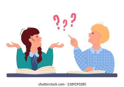 Little boy points his finger at the question mark. Little girl is sitting next to him and sadly spreads her hands. Children are doing homework. Vector illustration in flat style on a white background