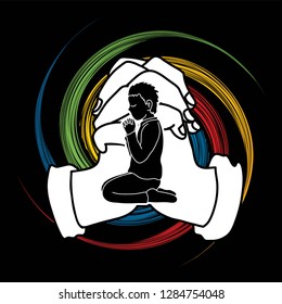 Little boy prayer, Praise to the Lord , Double exposure graphic vector