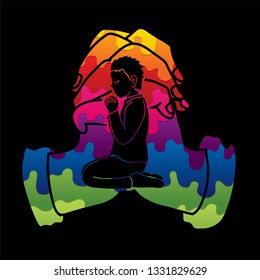 Little boy prayer, Praise to the Lord , Double exposure graphic vector